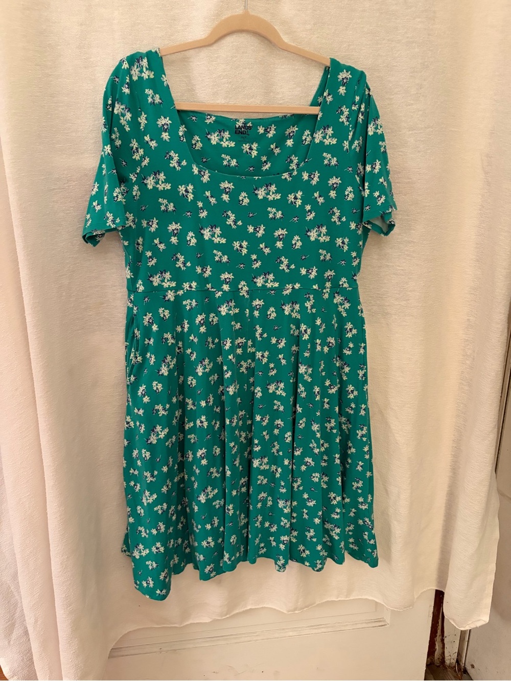 Lands' End Teal Floral Short-Sleeve Fit-and-Flare Dress